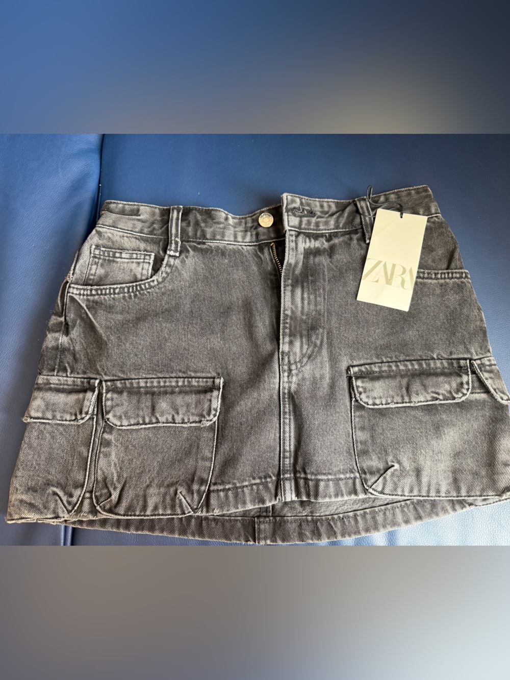 Zara Black Washed Cargo Denim Mini Skirt